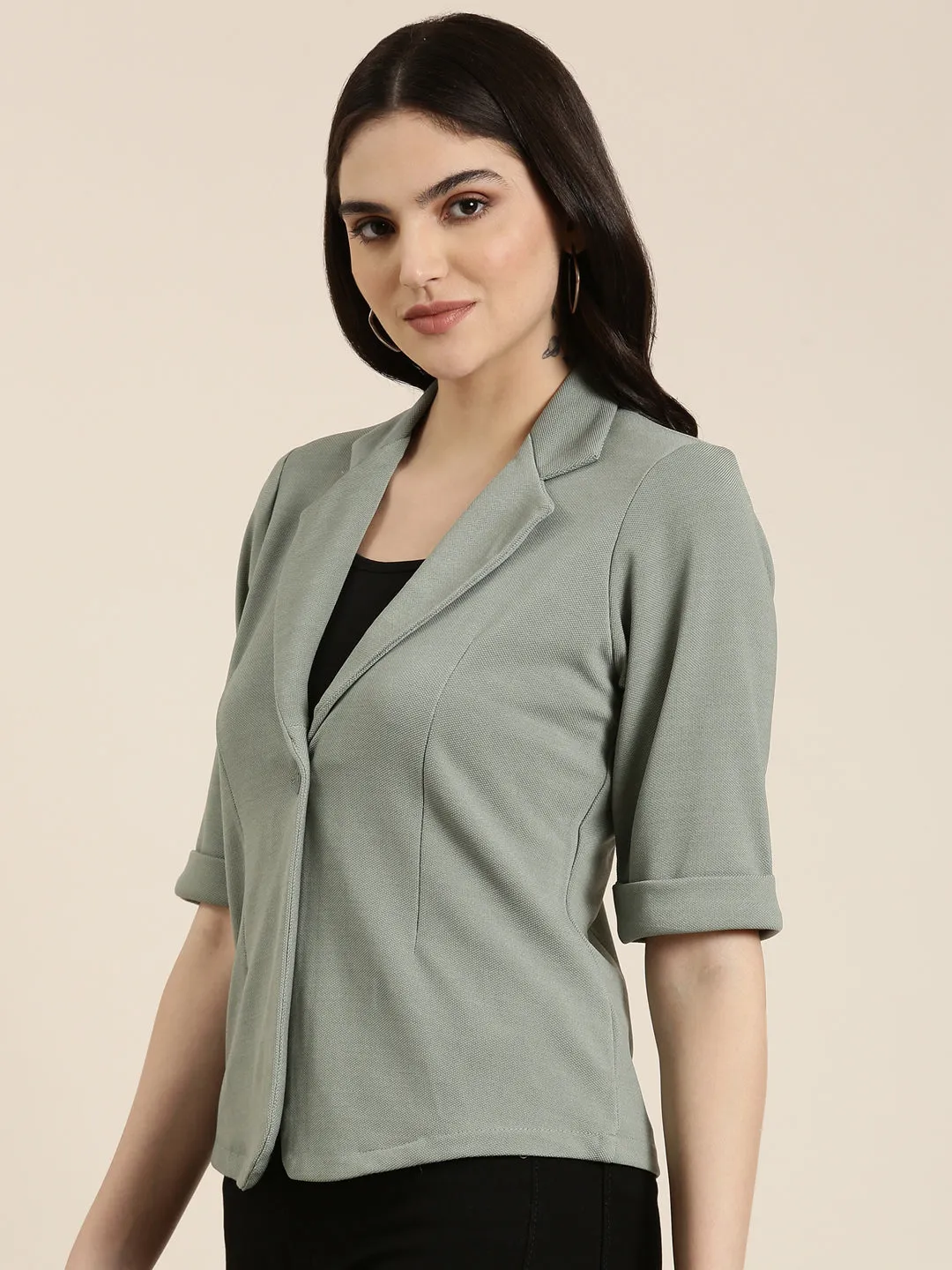 Women Sea Green Solid Blazer