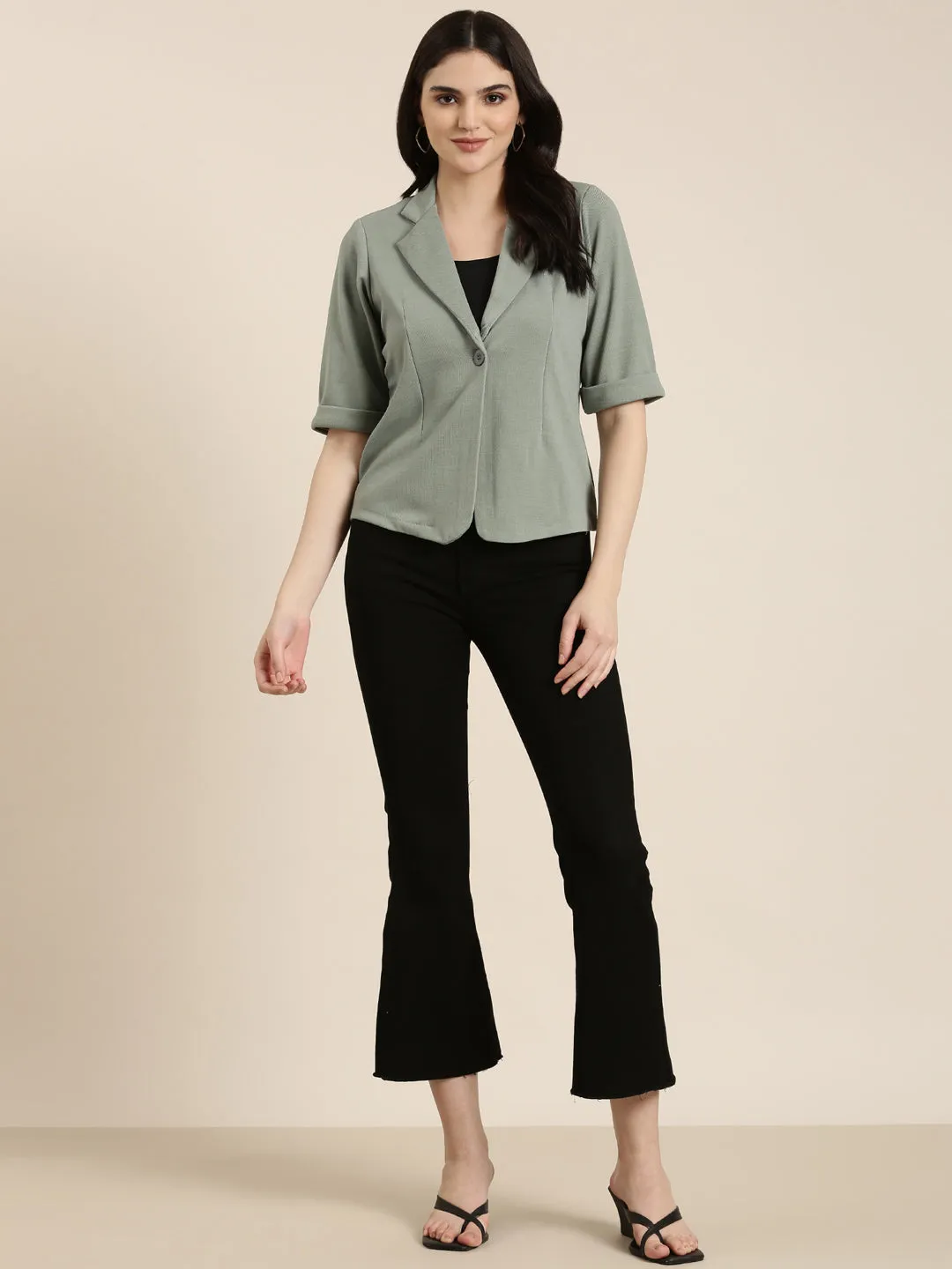 Women Sea Green Solid Blazer