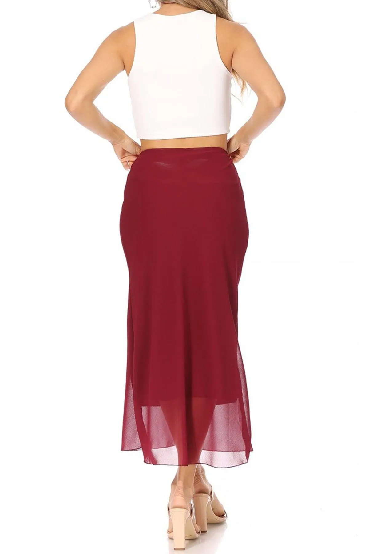 Women's High Rise Chiffon Overlay Maxi Draped Skirt with Waist Tie Accent.