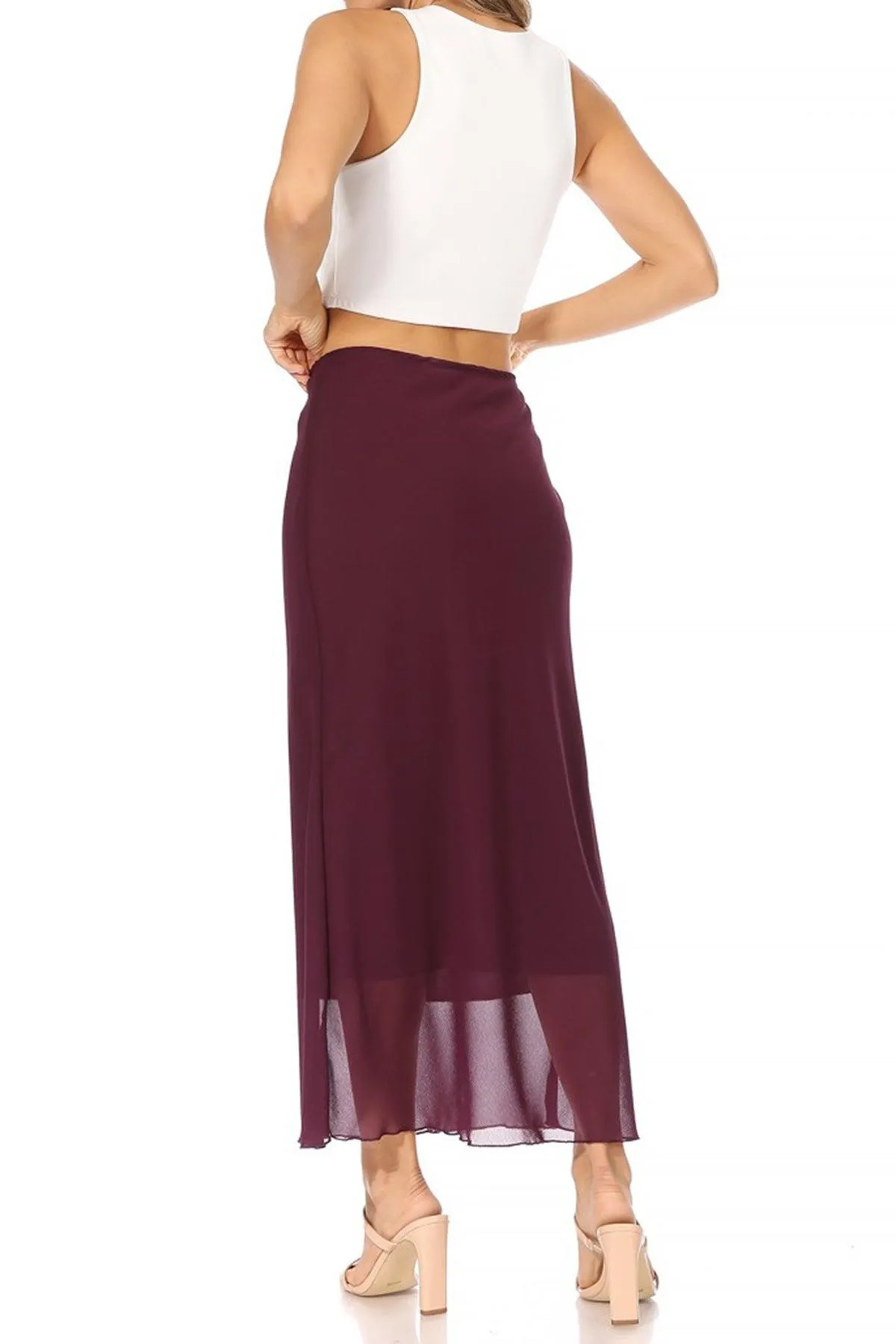 Women's High Rise Chiffon Overlay Maxi Draped Skirt with Waist Tie Accent.