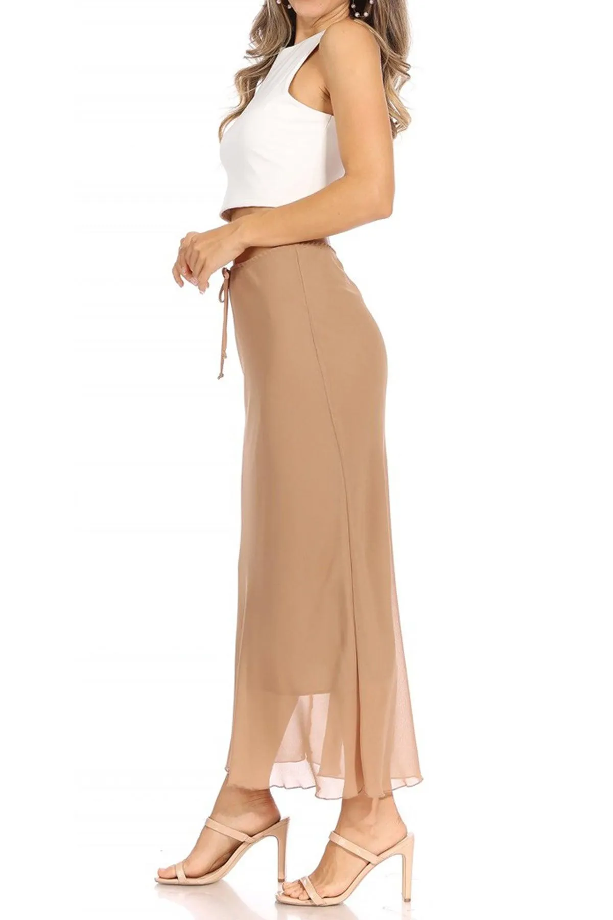 Women's High Rise Chiffon Overlay Maxi Draped Skirt with Waist Tie Accent.