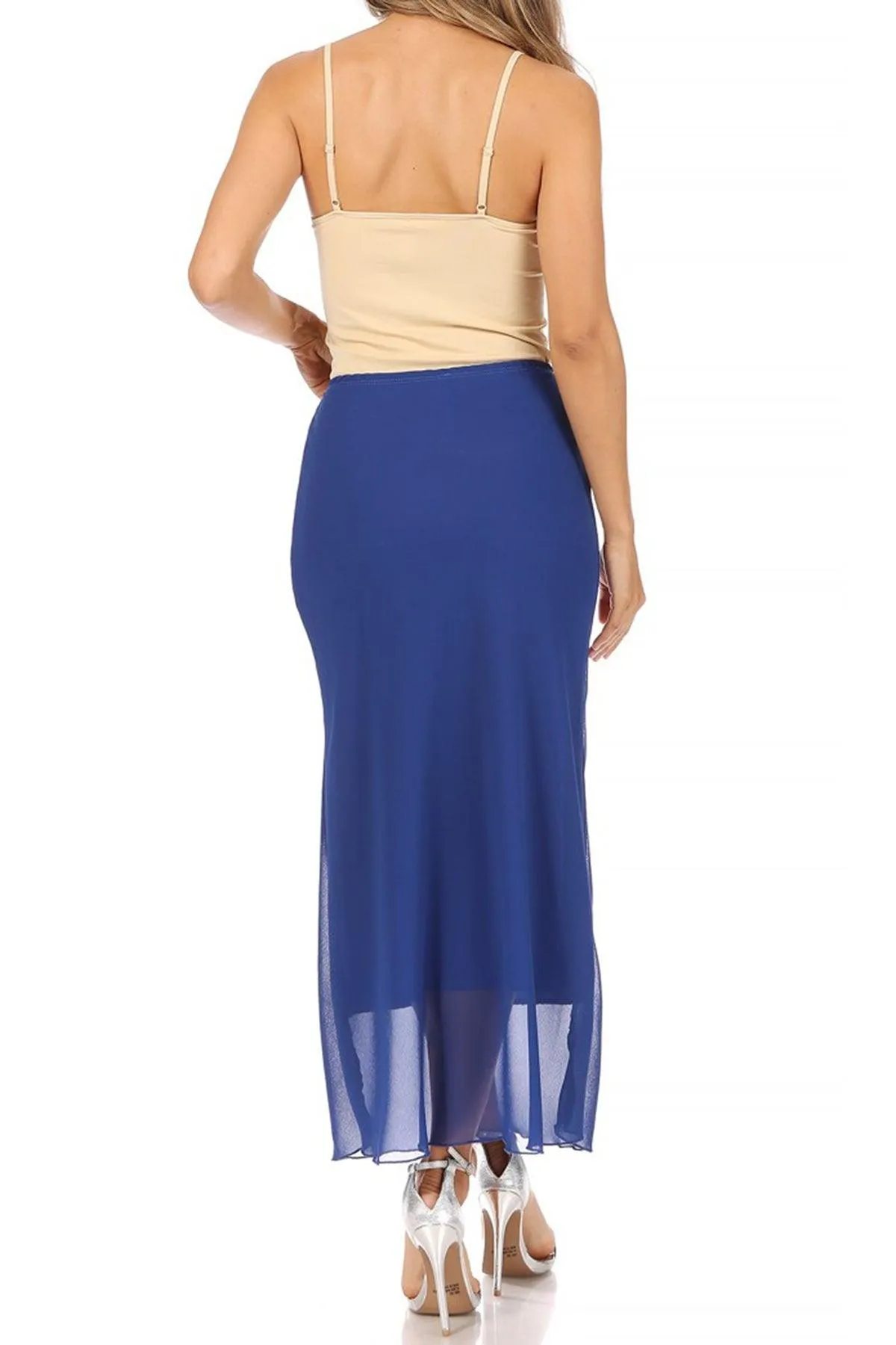 Women's High Rise Chiffon Overlay Maxi Draped Skirt with Waist Tie Accent.