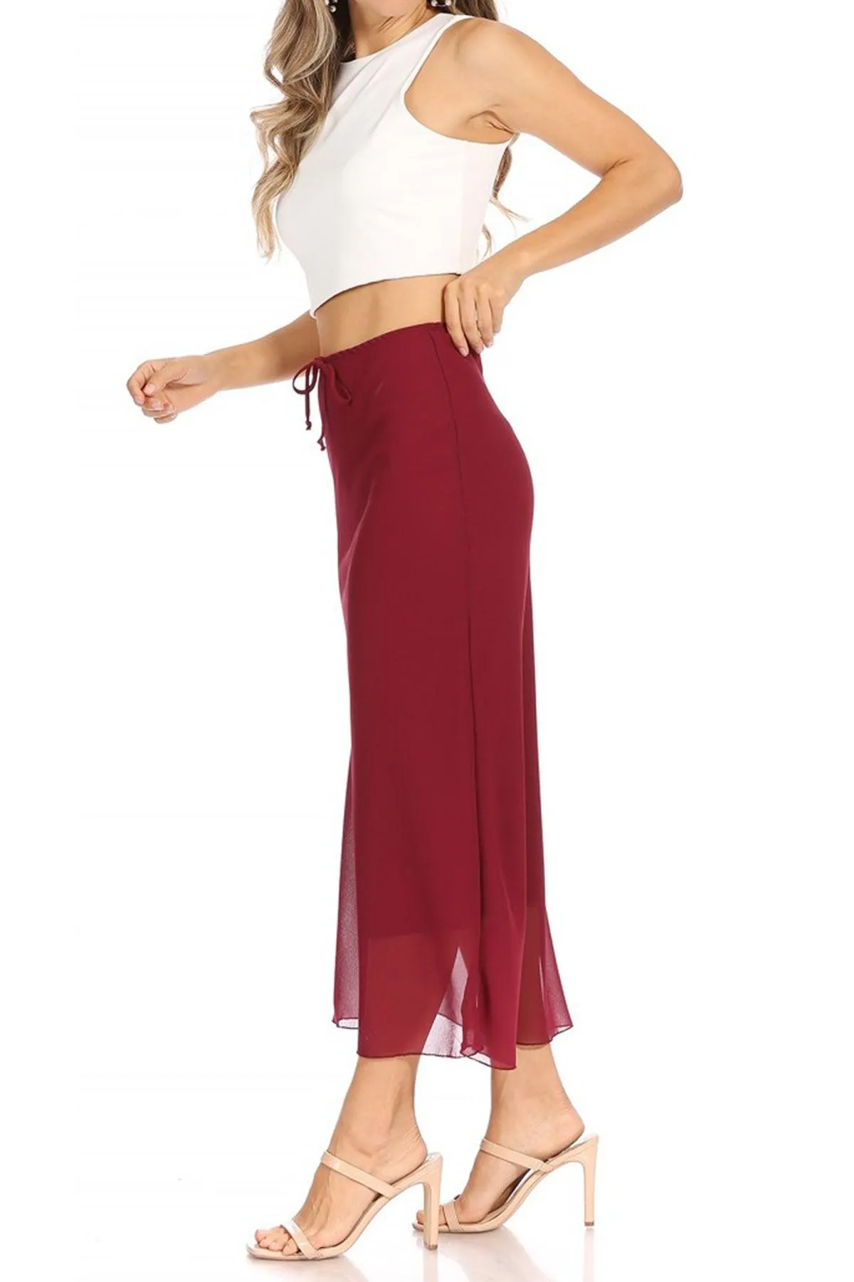 Women's High Rise Chiffon Overlay Maxi Draped Skirt with Waist Tie Accent.