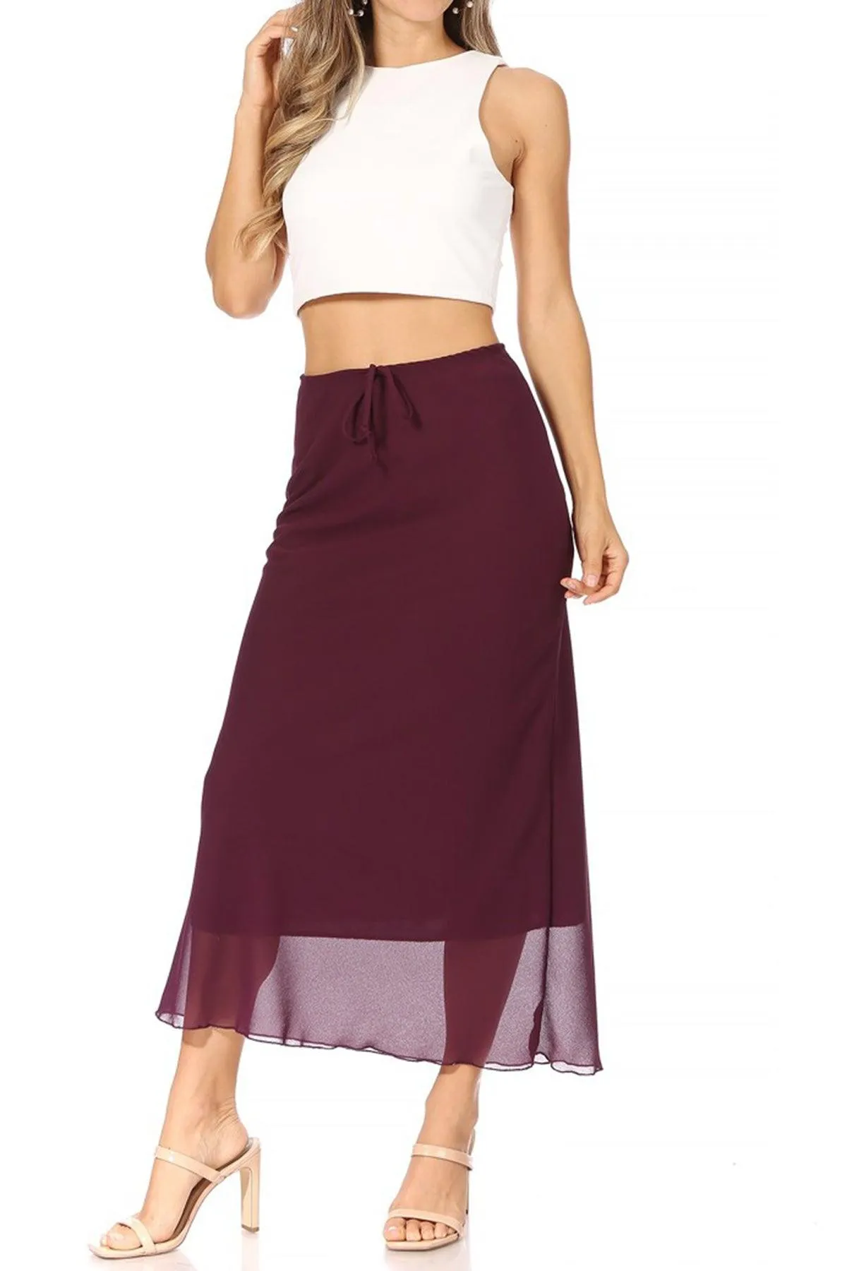 Women's High Rise Chiffon Overlay Maxi Draped Skirt with Waist Tie Accent.